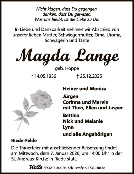 Traueranzeige von Magda Lange von SYKSSYKS