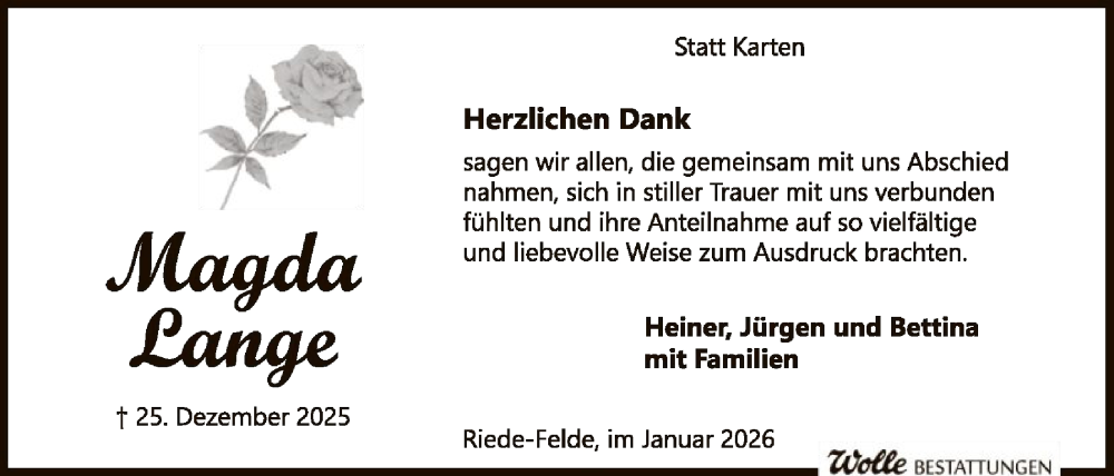  Traueranzeige für Magda Lange vom 31.01.2026 aus SYKSSYKS