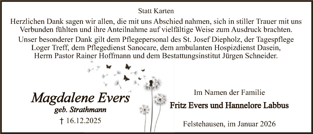  Traueranzeige für Magdalene Evers vom 31.01.2026 aus SYKS