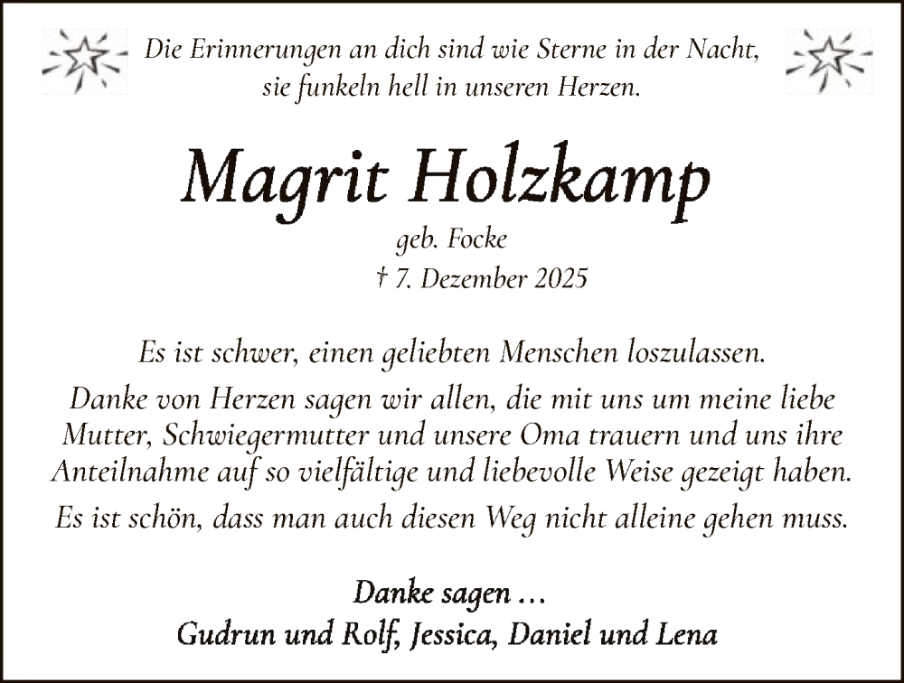  Traueranzeige für Magrit Holzkamp vom 10.01.2026 aus SYKS