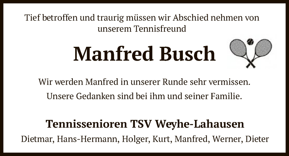 Traueranzeige für Manfred Busch vom 10.01.2026 aus SYKS