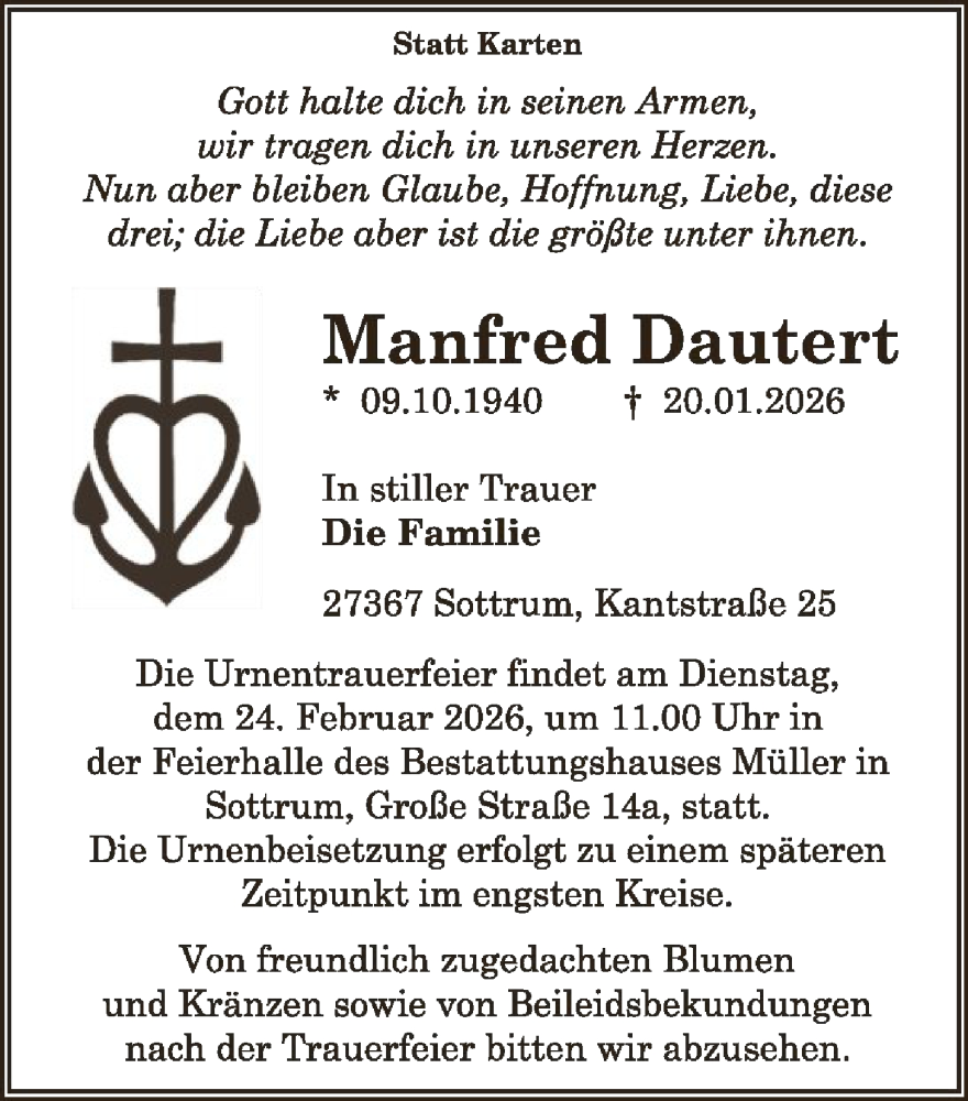  Traueranzeige für Manfred Dautert vom 31.01.2026 aus SYKR