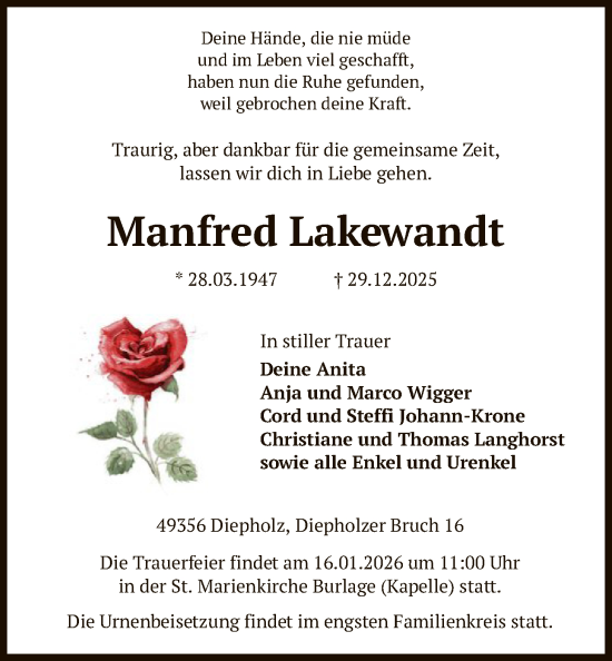 Traueranzeige von Manfred Lakewandt von SYKS