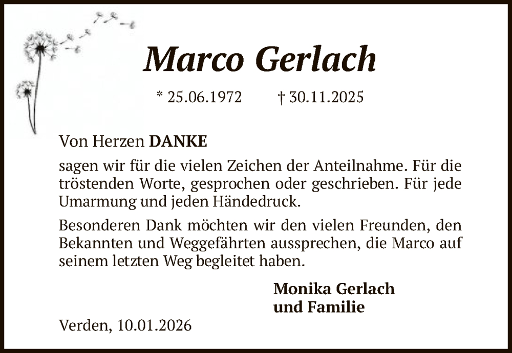  Traueranzeige für Marco Gerlach vom 10.01.2026 aus SYKS