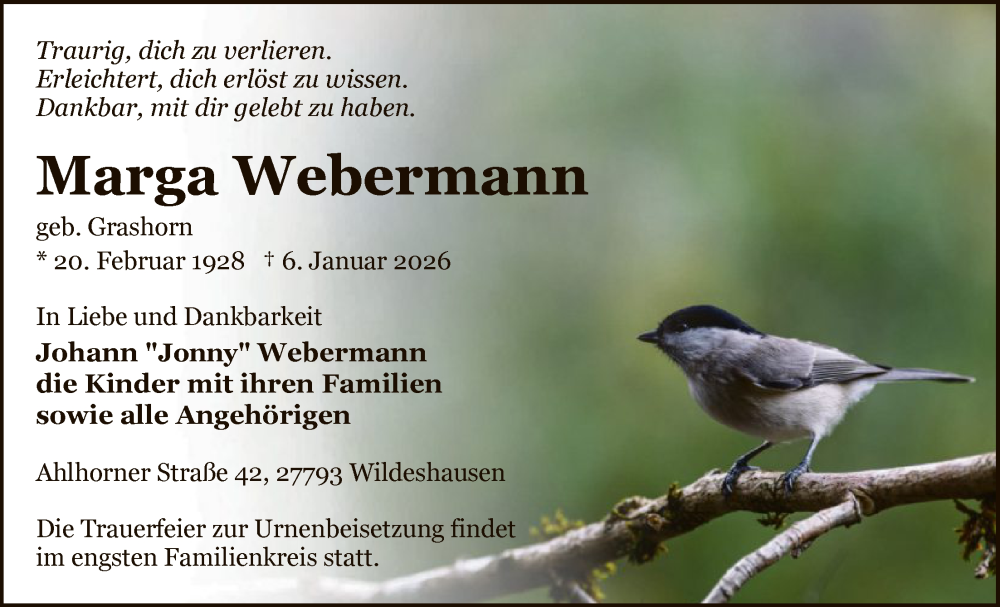  Traueranzeige für Marga Webermann vom 10.01.2026 aus SYWZ