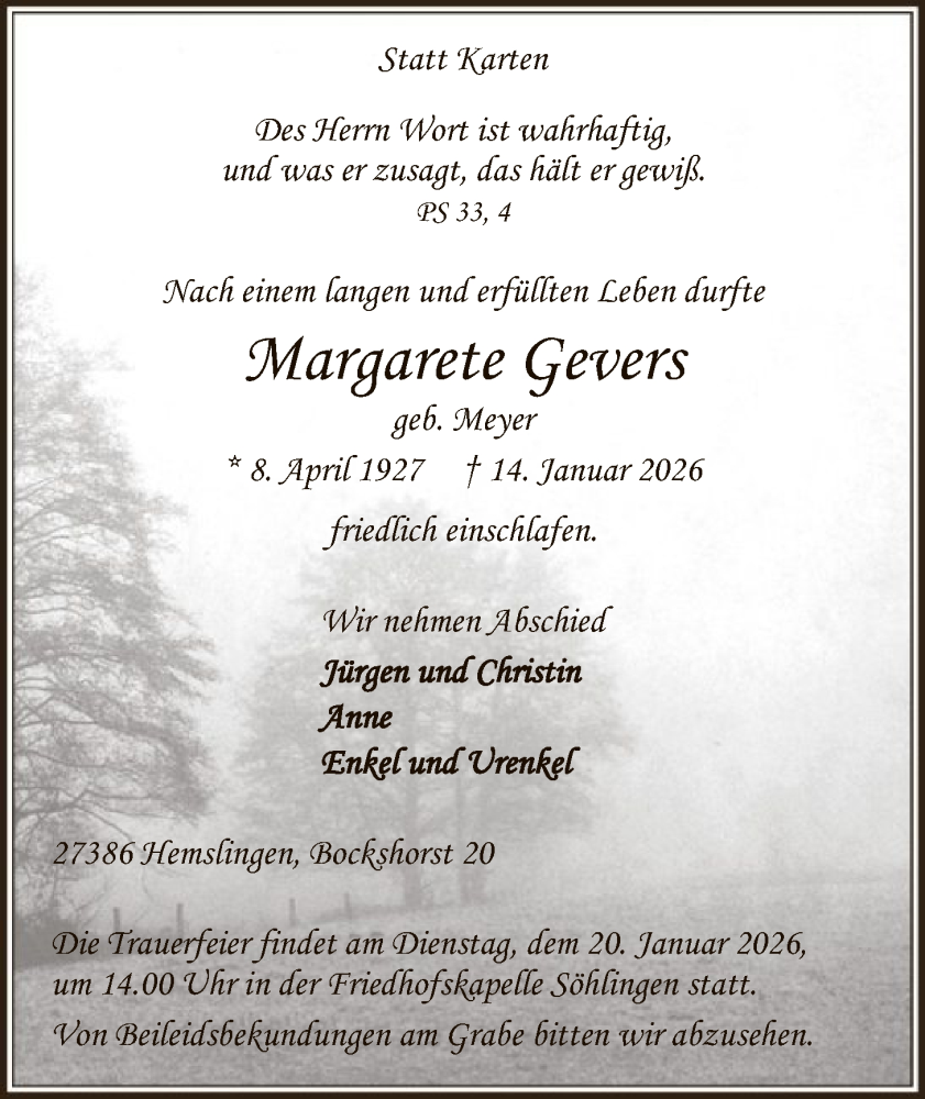  Traueranzeige für Margarete Gevers vom 17.01.2026 aus SYKR