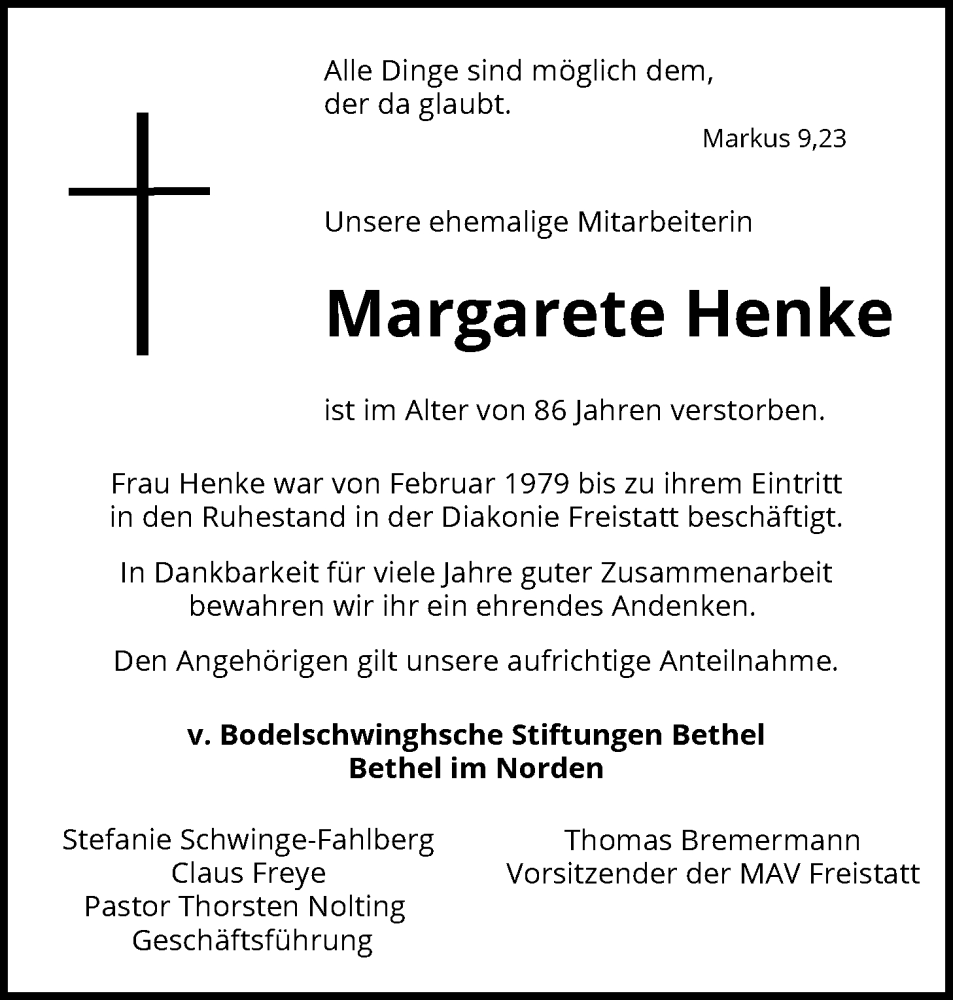  Traueranzeige für Margarete Henke vom 29.01.2026 aus SYKS