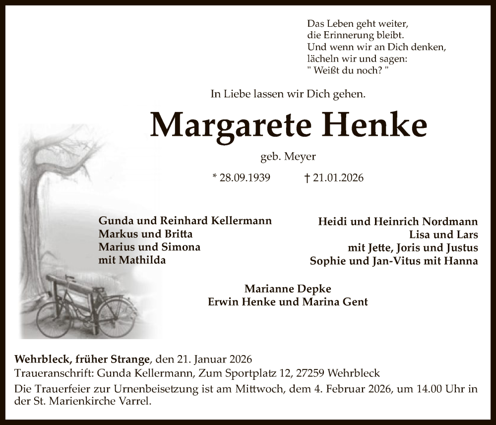  Traueranzeige für Margarete Henke vom 24.01.2026 aus SYKS