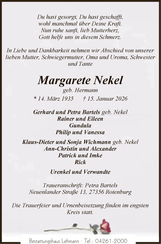 Traueranzeige von Margarete Nekel von SYKR