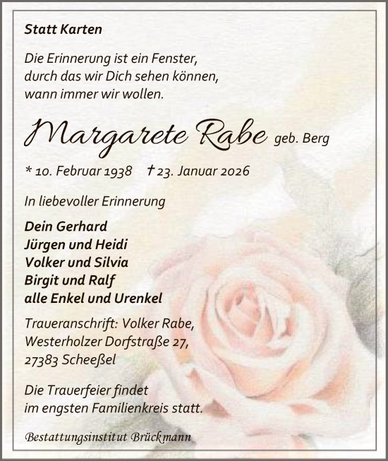 Traueranzeige von Margarete Rabe von SYKR