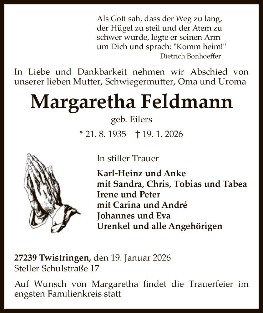  Traueranzeige für Margaretha Feldmann vom 24.01.2026 aus SYKS