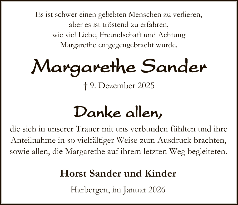  Traueranzeige für Margarethe Sander vom 17.01.2026 aus SYKS