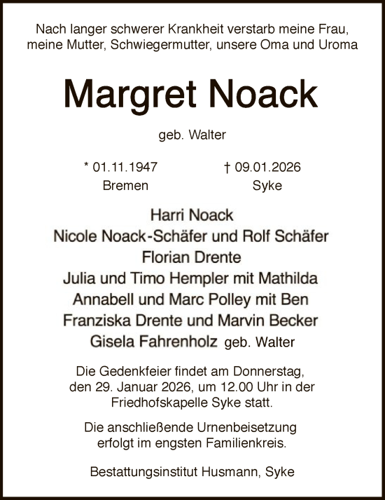 Traueranzeige von Margret Noack von SYKS