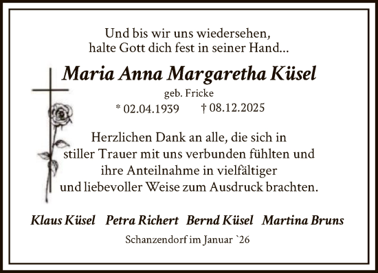 Traueranzeige von Maria Anna Margaretha Küsel von SYKS