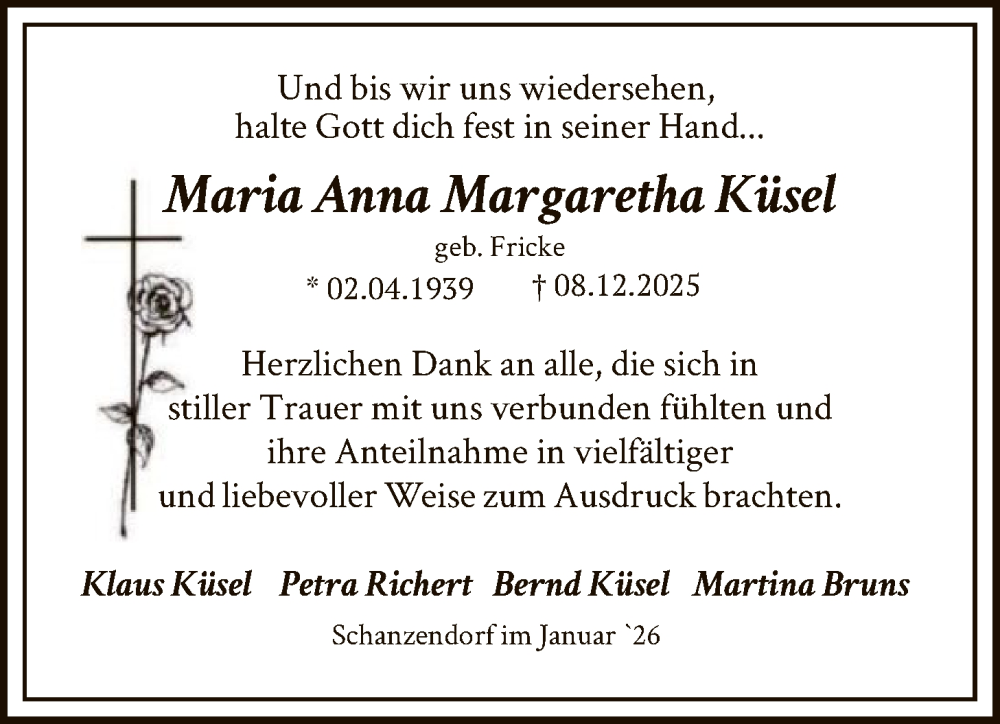  Traueranzeige für Maria Anna Margaretha Küsel vom 31.01.2026 aus SYKS