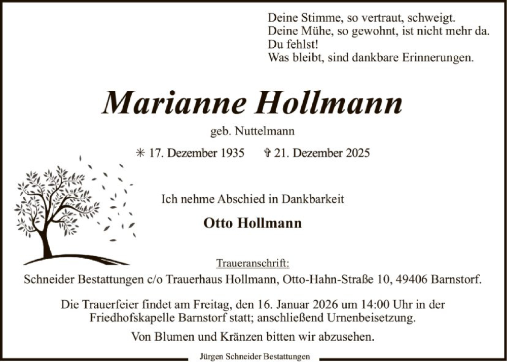  Traueranzeige für Marianne Hollmann vom 13.01.2026 aus SYKS