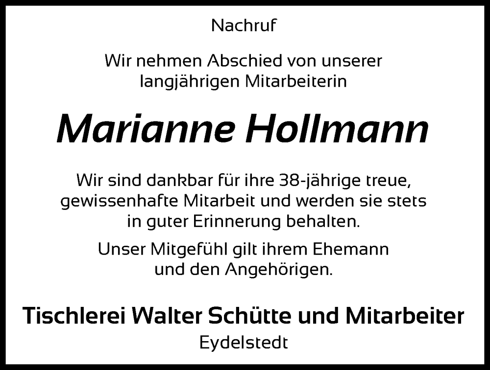  Traueranzeige für Marianne Hollmann vom 10.01.2026 aus SYKS