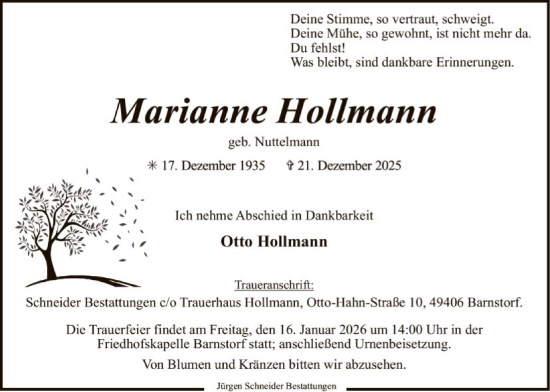 Traueranzeige von Marianne Hollmann von SYKS