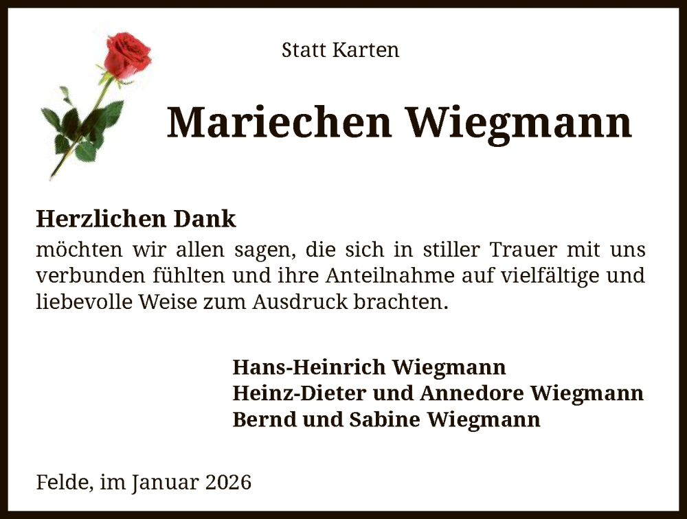  Traueranzeige für Mariechen Wiegmann vom 10.01.2026 aus SYKSSYKS
