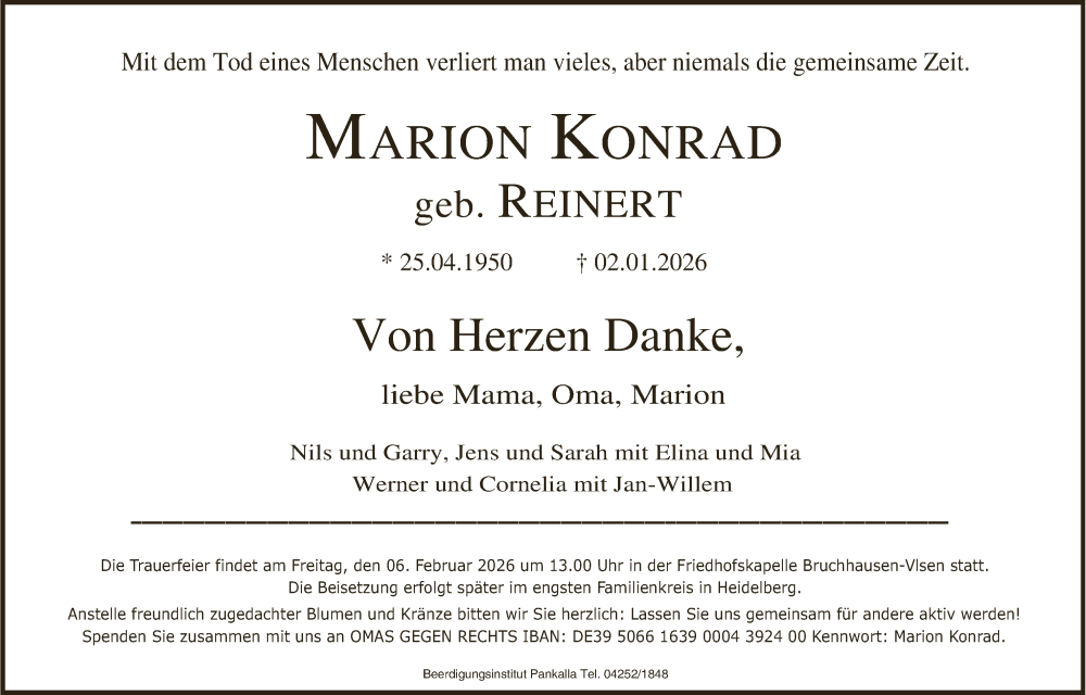  Traueranzeige für Marion Konrad vom 31.01.2026 aus SYKS