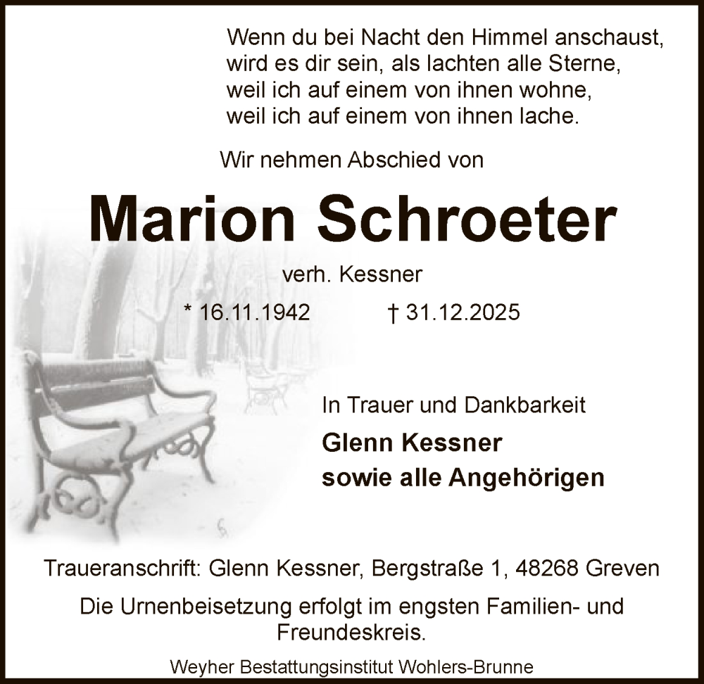  Traueranzeige für Marion Schroeter vom 10.01.2026 aus SYKS