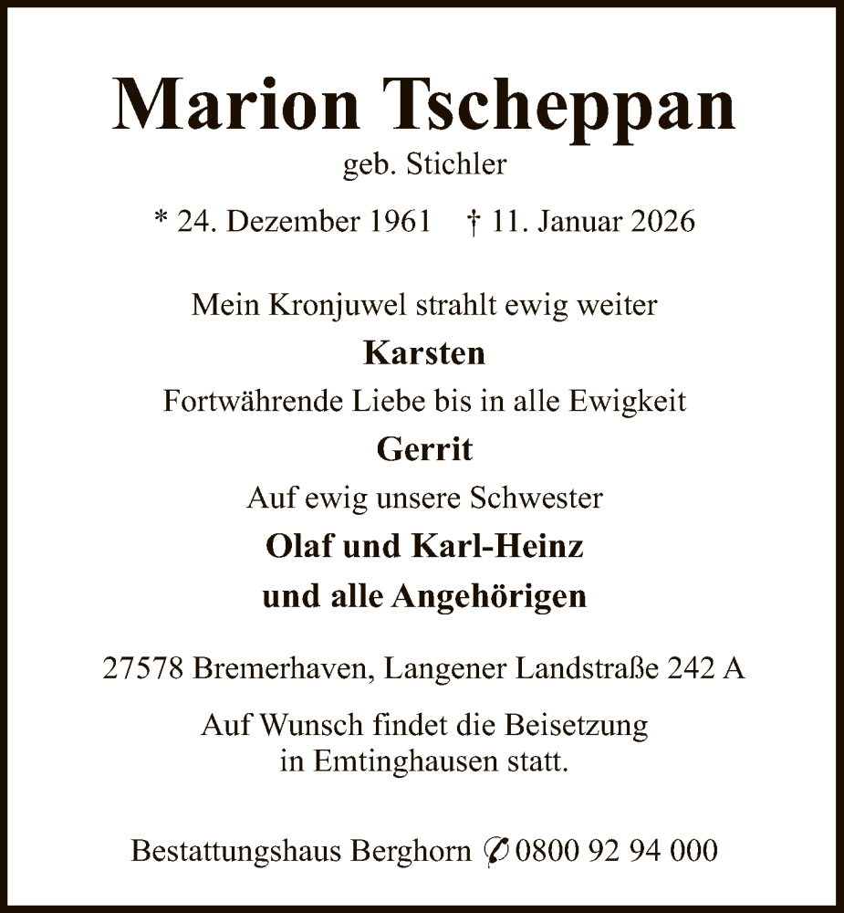  Traueranzeige für Marion Tscheppan vom 17.01.2026 aus SYKS