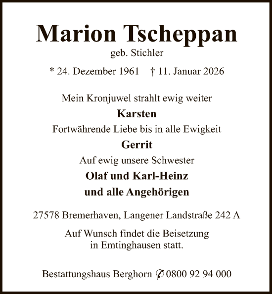 Traueranzeige von Marion Tscheppan von SYKS