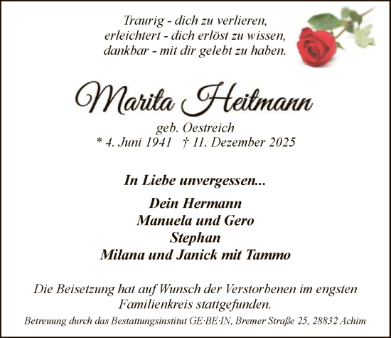 Traueranzeige von Marita Heitmann von SYKS