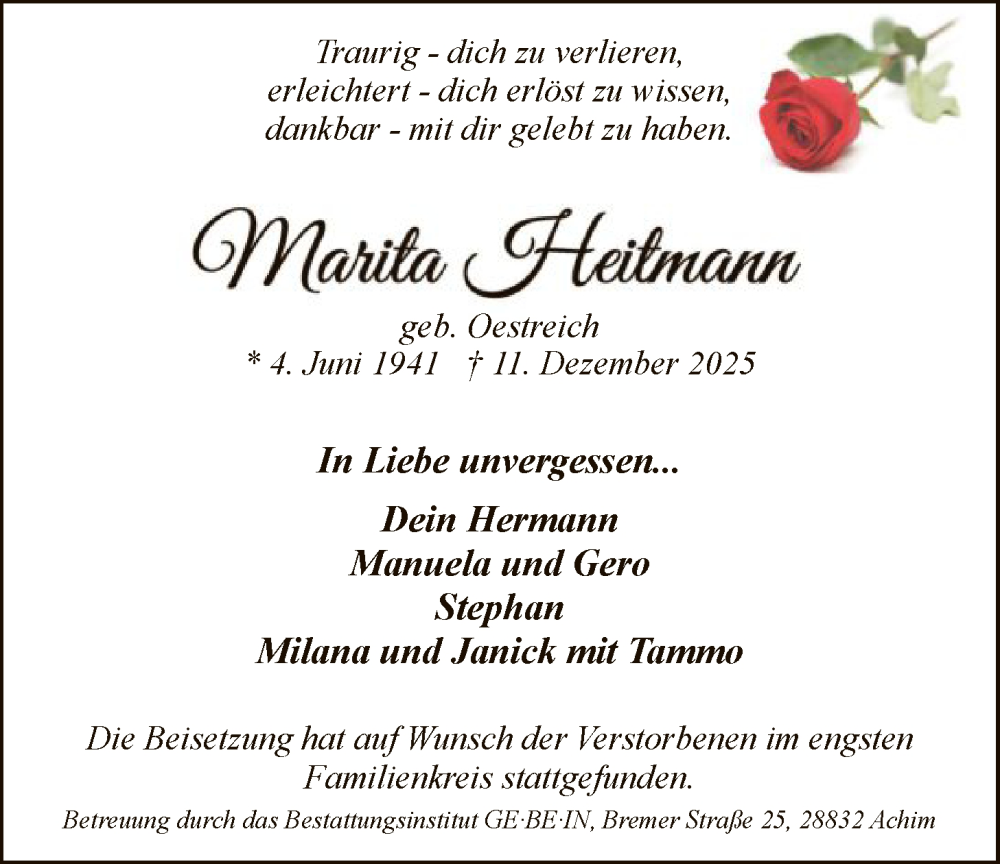  Traueranzeige für Marita Heitmann vom 10.01.2026 aus SYKS