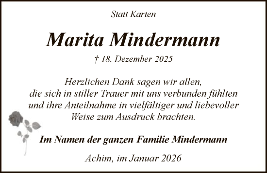 Traueranzeige von Marita Mindermann von SYKS