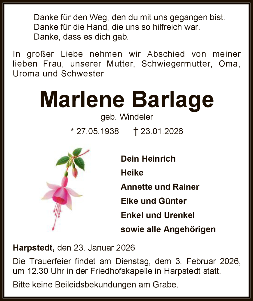  Traueranzeige für Marlene Barlage vom 27.01.2026 aus SYKSSYWZ
