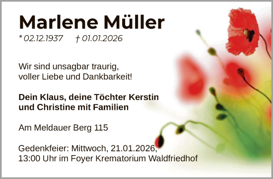 Traueranzeige von Marlene Müller von SYKS