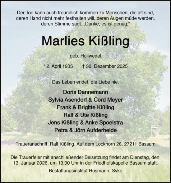 Traueranzeige von Marlies Kißling von SYKS