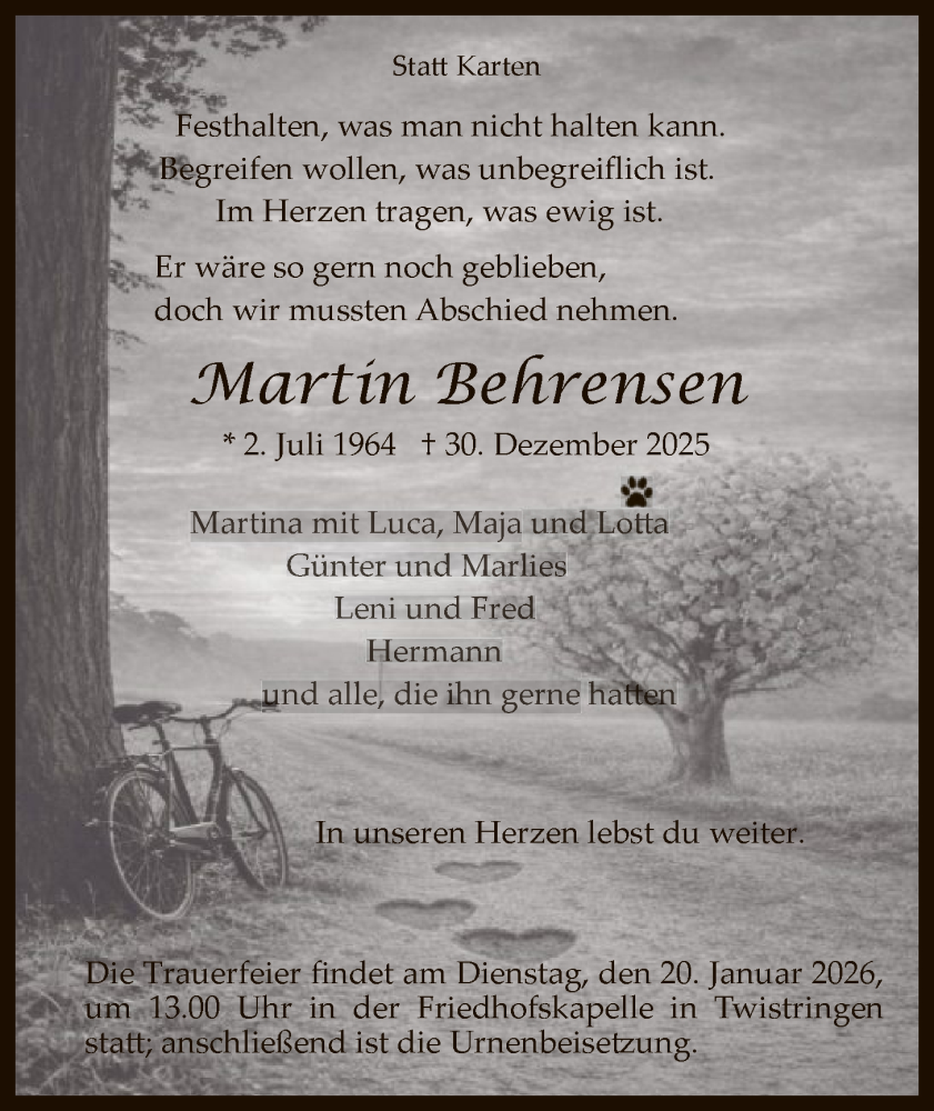  Traueranzeige für Martin Behrensen vom 10.01.2026 aus SYKS