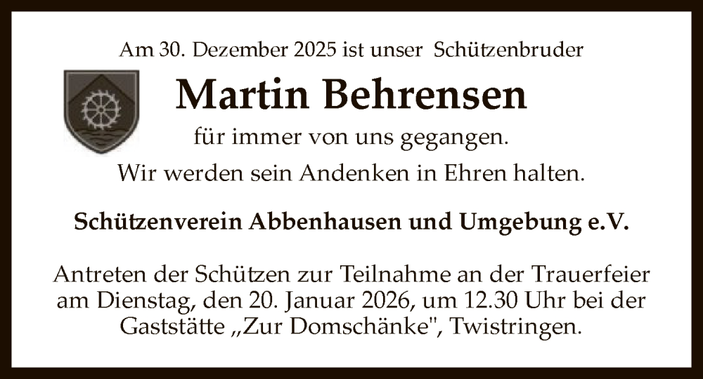  Traueranzeige für Martin Behrensen vom 10.01.2026 aus SYKS