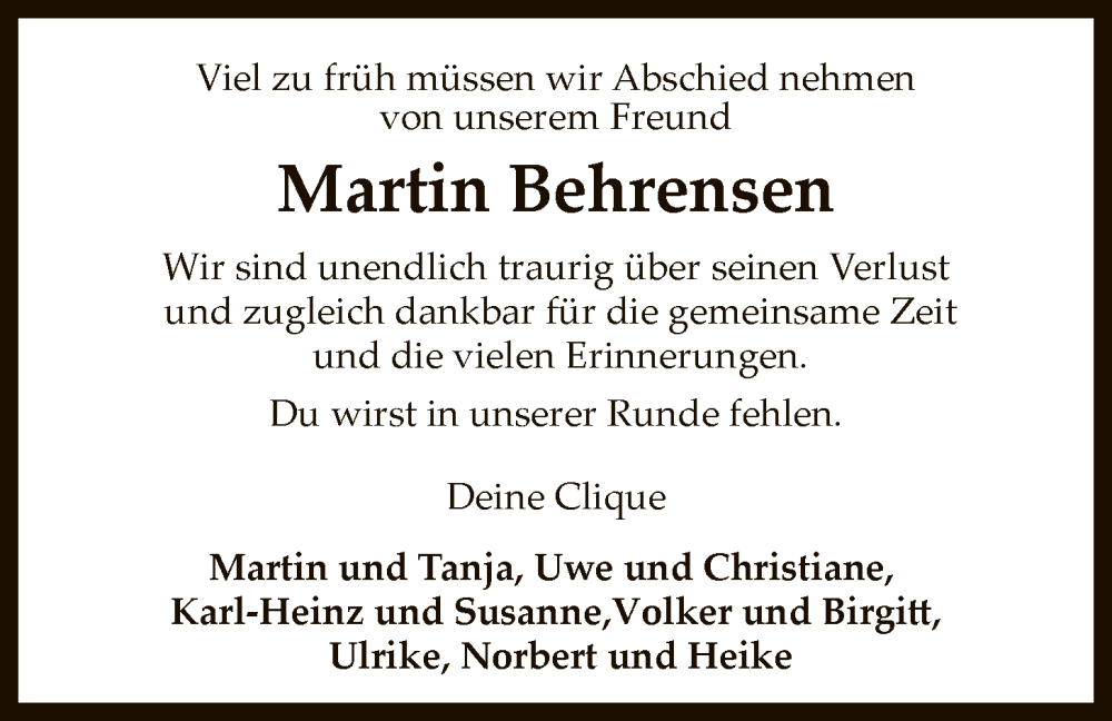  Traueranzeige für Martin Behrensen vom 10.01.2026 aus SYKS