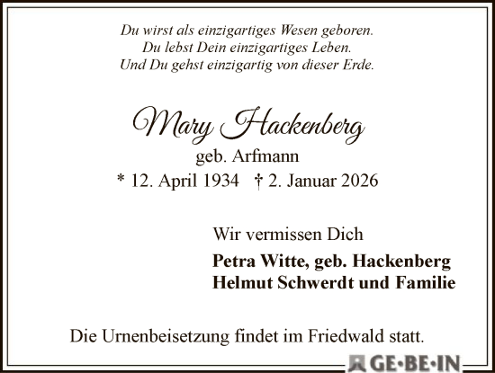 Traueranzeige von Mary Hackenberg von SYKS