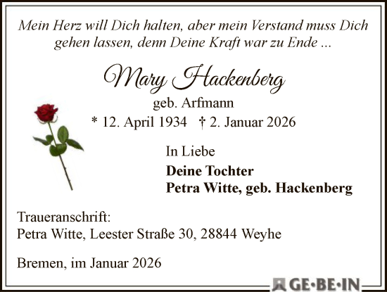Traueranzeige von Mary Hackenberg von SYKS