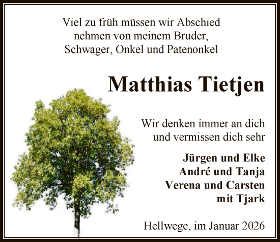 Traueranzeige von Matthias Tietjen von SYKR