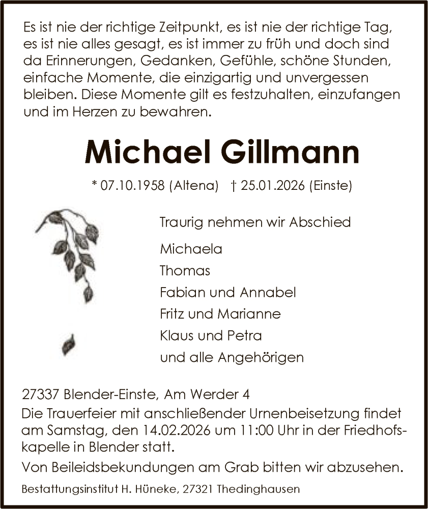  Traueranzeige für Michael Gillmann vom 31.01.2026 aus SYKS