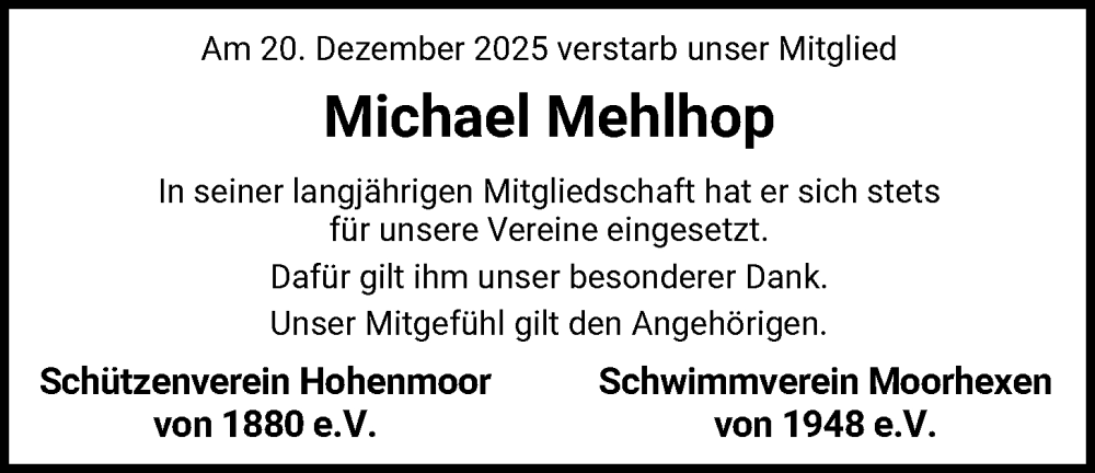  Traueranzeige für Michael Mehlhop vom 06.01.2026 aus SYKS