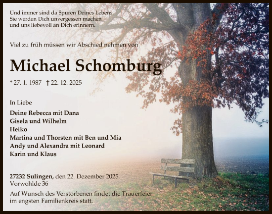 Traueranzeige von Michael Schomburg von SYKS