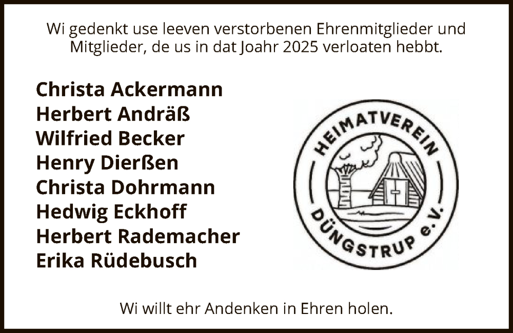  Traueranzeige für Mitglieder Düngstrup vom 24.01.2026 aus SYWZ