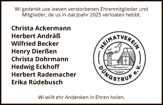 Traueranzeige von Mitglieder Düngstrup von SYWZ