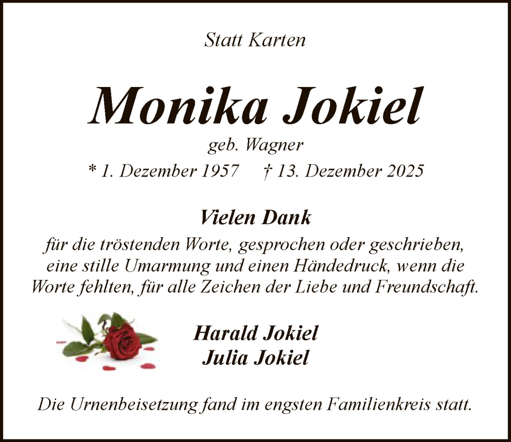  Traueranzeige für Monika Jokiel vom 17.01.2026 aus SYKS