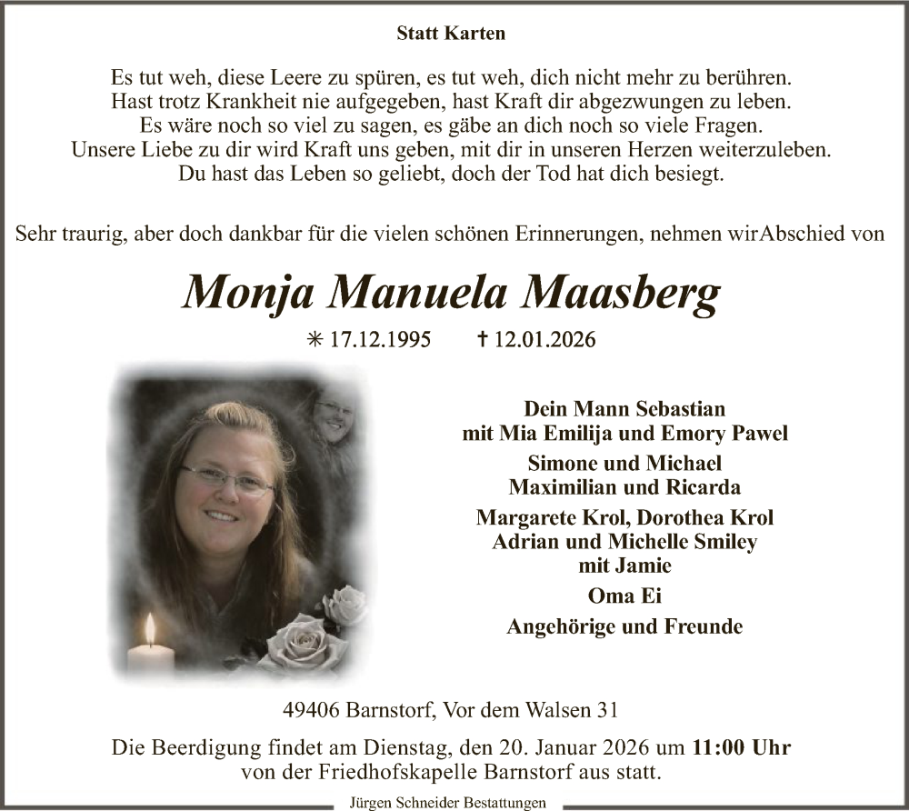  Traueranzeige für Monja Manuela Maasberg vom 17.01.2026 aus SYKS