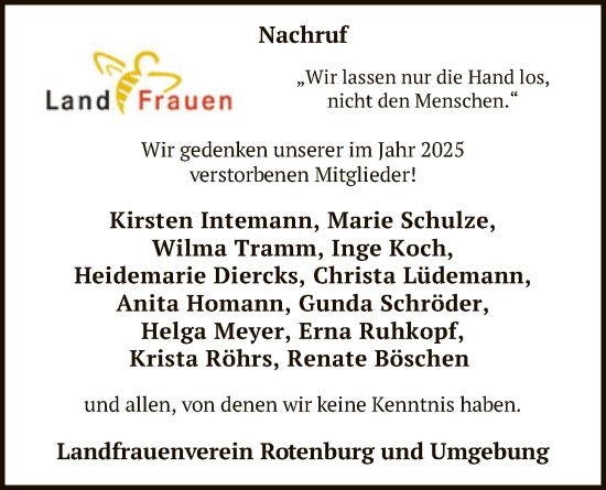 Traueranzeige von Nachruf Landfrauenverein Rotenburg und Umgebung von SYKR