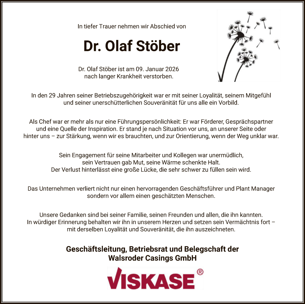  Traueranzeige für Olaf Stöber vom 17.01.2026 aus SYKS
