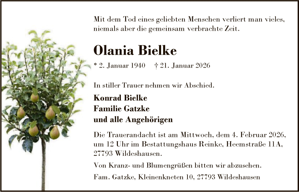  Traueranzeige für Olania Bielke vom 28.01.2026 aus SYWZ