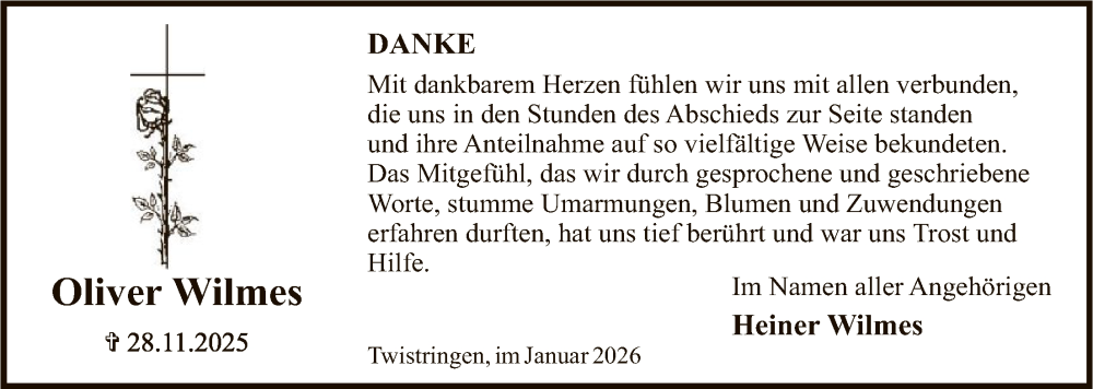  Traueranzeige für Oliver Wilmes vom 03.01.2026 aus SYKS
